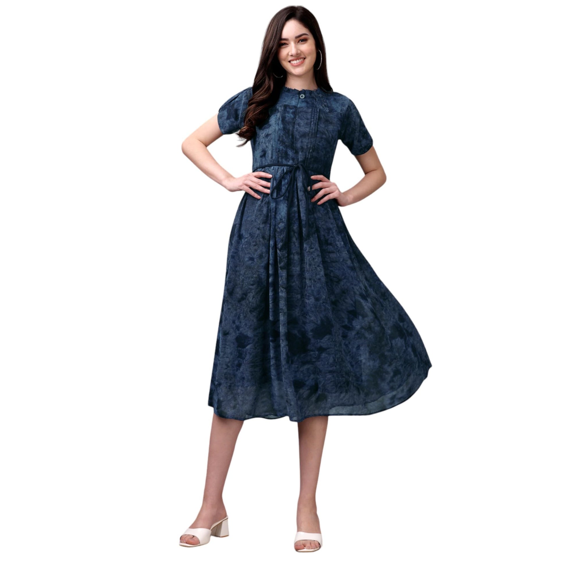 Gufrina WomenS Georgette Midi Dress With Short Sleeves Abstract Printed High Round Neck Knee Length Regular Fit And A Line Styl