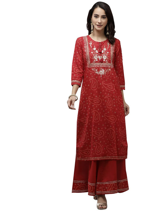 ishin Women's Pure Cotton Straight Embroidered Gotta Patti Bandhani print Red Kurta suit set with Sharara