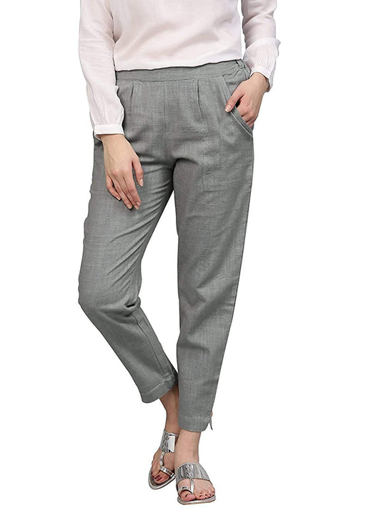 Digital Shopee Women Regular Fit Elastic Waist Full Length Cotton Formal Trouser For Casual Wear, Office Wear Grey