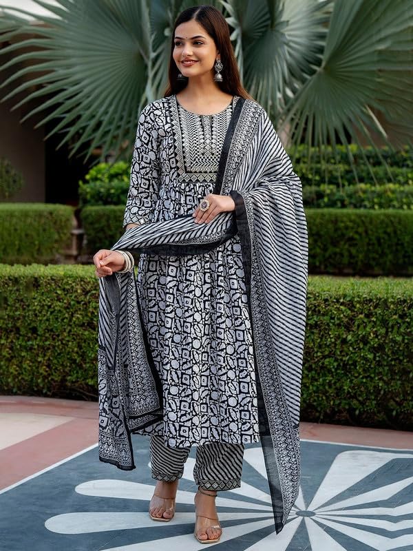 Pinkmint Women Cotton Blend Anarkali Printed Kurta With Pant & Dupatta Set Grey
