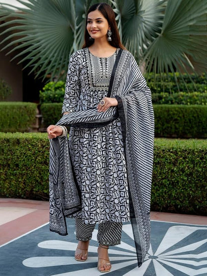 Pinkmint Women Cotton Blend Anarkali Printed Kurta With Pant & Dupatta Set Grey