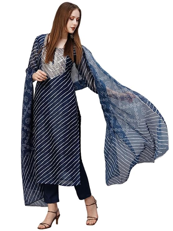 Suppar Sleave Latest Lehriya Bandhni Printed Viscose Rayon Cotton Embroidery Straight Kurta Set With Pants And Dupatta