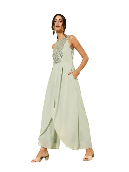 Miss Chase WomenS Dusty Green Halter Neck Sleeveless Solid Embellished Regular Jumpsuit (Mcaw21D99-59-238-06, Dusty Green, Xl)