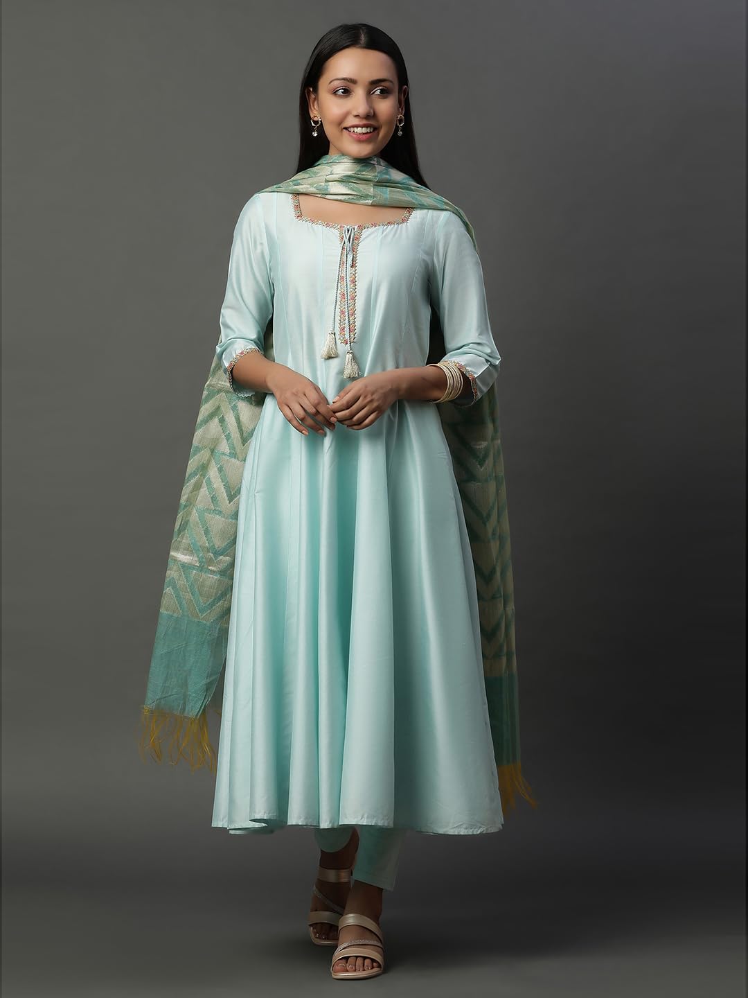 Aurelia White Floral Printed High-Slit Kurta, Pleated Skirt and Dupatta Set