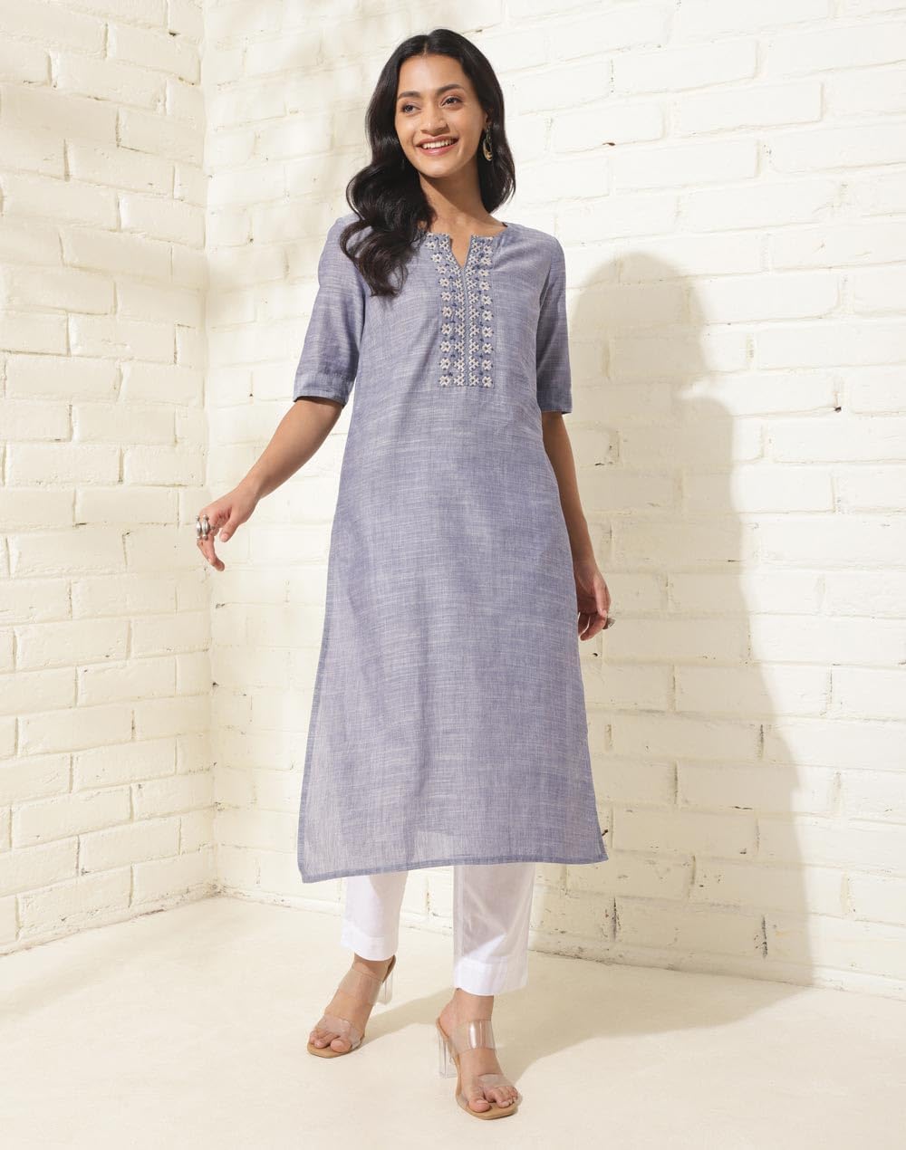 Fabindia WomenS Cotton Solid Slim Kurta (1037332Blue_Blue