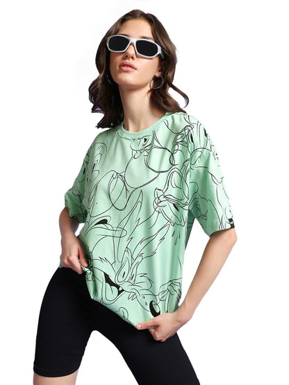 Bewakoof X Official Looney Tunes Merchandise Womens All Over Printed 100% Cotton T-Shirt - Oversized Fit, Round Neck, Half Slee
