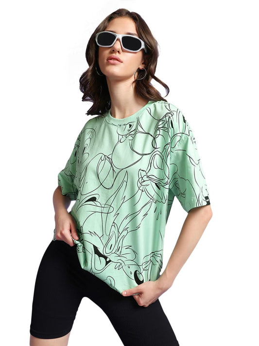 Bewakoof X Official Looney Tunes Merchandise Womens All Over Printed 100% Cotton T-Shirt - Oversized Fit, Round Neck, Half Slee