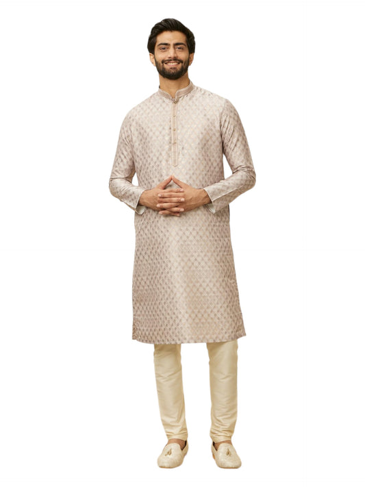Manyavar Mens Walnut Art Silk Printed Kurta Pyjama Set