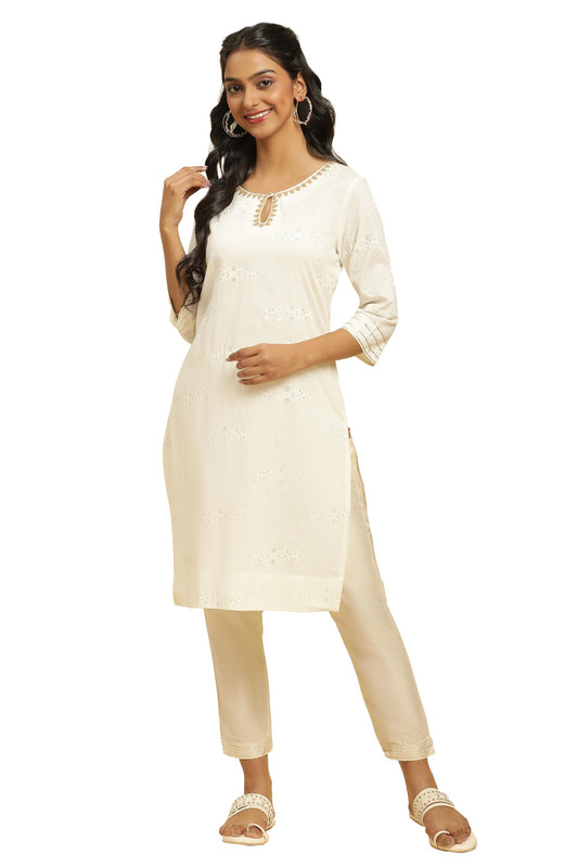 W for Woman Cotton Ecru Gitter Printed Embellished Kurta