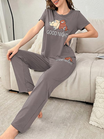 SMOWKLY Womens Premium Cotton Blend Cute Print Two Piece Pj Sleepwear Co-ord Set || Stylish Top with Pajama Pant Comfy Loungwea