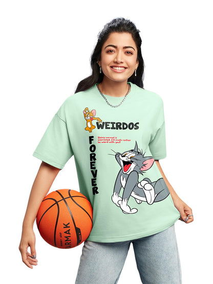 Bewakoof X Official Tom & Jerry Merchandise Womens Weirdos Forever Graphic Printed 100% Cotton T-Shirt - Oversized Fit, Round N