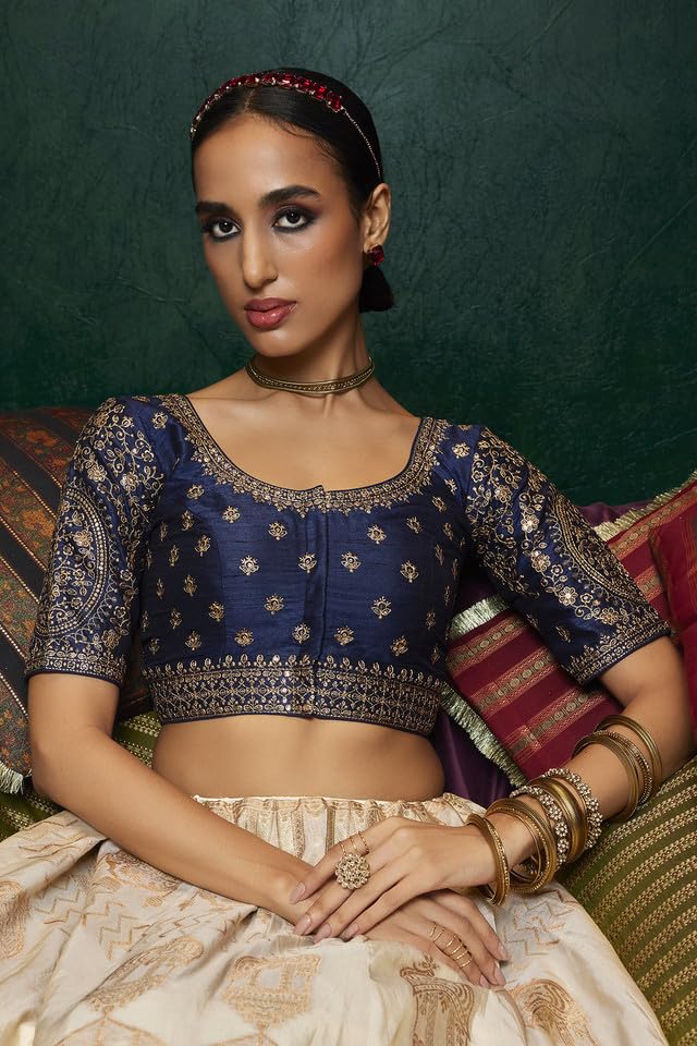 Soch Womens Navy Blue Tussar Embroidered Front-Open Blouse With Sequin Embellishments