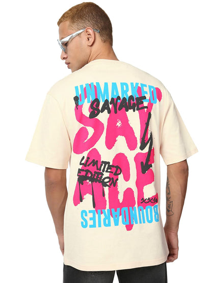 Bewakoof Mens Graphic Print Oversized Fit Half Sleeve Round Neck Pure Cotton T-Shirt_666416_Off White_S