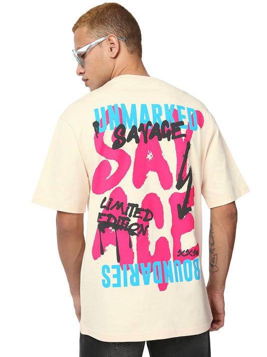Bewakoof Mens Graphic Print Oversized Fit Half Sleeve Round Neck Pure Cotton T-Shirt_666416_Off White_S