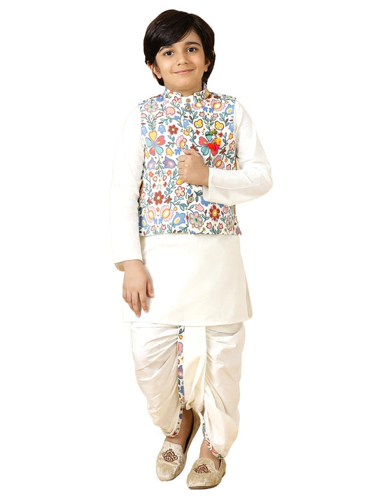 A.T.U.N. (All Things Uber Nice) Boys Mandarin Collar Pure Cotton Straight Kurta With Dhoti Pants & Nehru Jacket