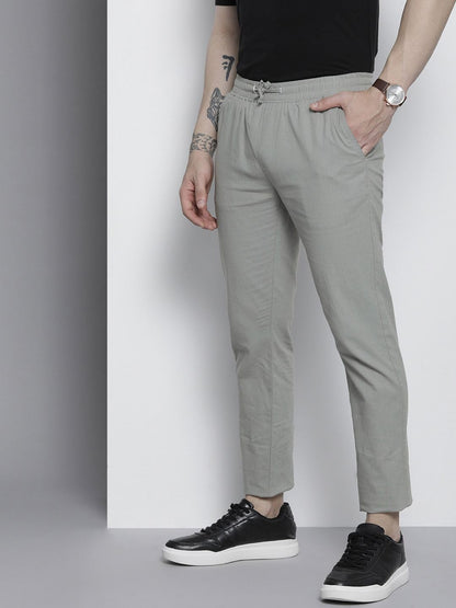 The Indian Garage Co Men Slim Fit Solid Mid-Rise Elasticated Linen Jogger Trouser Natural Grey
