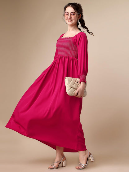 Sheetal Associates WomenS Casual Square Neck Crepe Solid Fit & Flare Dress Hot Pink