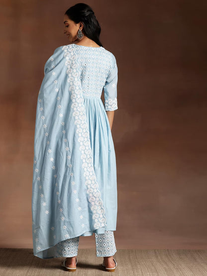 Libas Womens Embroidered Cotton A-Line Kurta With Palazzos And Dupatta