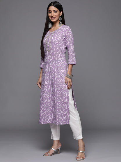 Varanga Lavender Bandhani Print Embroidered Kurta For Women, Round Neck, Traditional Ethnic Wear, Comfortable & Stylish For Casu