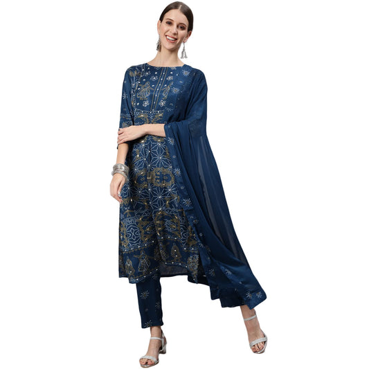 ishin Women's Silk Blend Embroidered Beads and Stones Teal Bandhani Print Straight Kurta suit set With Dupatta & Trouser