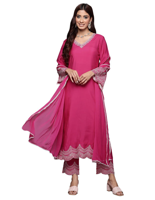 Varanga WomenS Silk Straight Salwar Suit Set  Vibrant Pink With Intricate Embroidery, Perfect For Festivals, Parties, Weddings,
