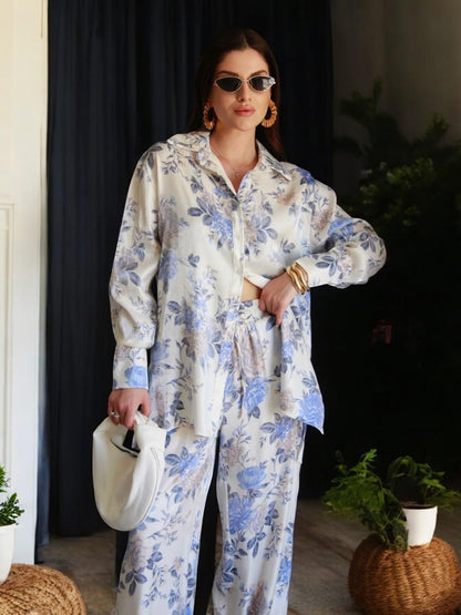 Gufrina WomenS Co-Ords Set - Floral Print Shirt With Front Open Button And Wide-Leg Pants, Full Sleeves, Rayon Fabric (Sky Blue