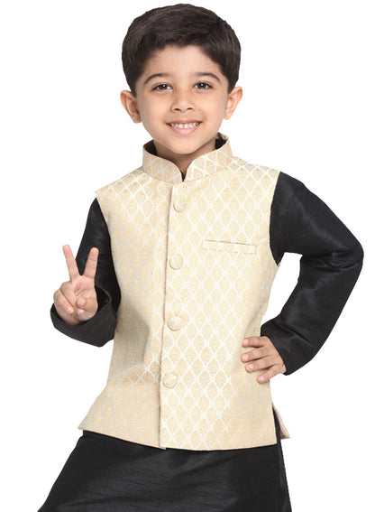Vastramay Banarasi Brocade Woven Jacquard Nehru/Modi Jacket For Boys  Cream Ethnic Waistcoat For Weddings & Festivals