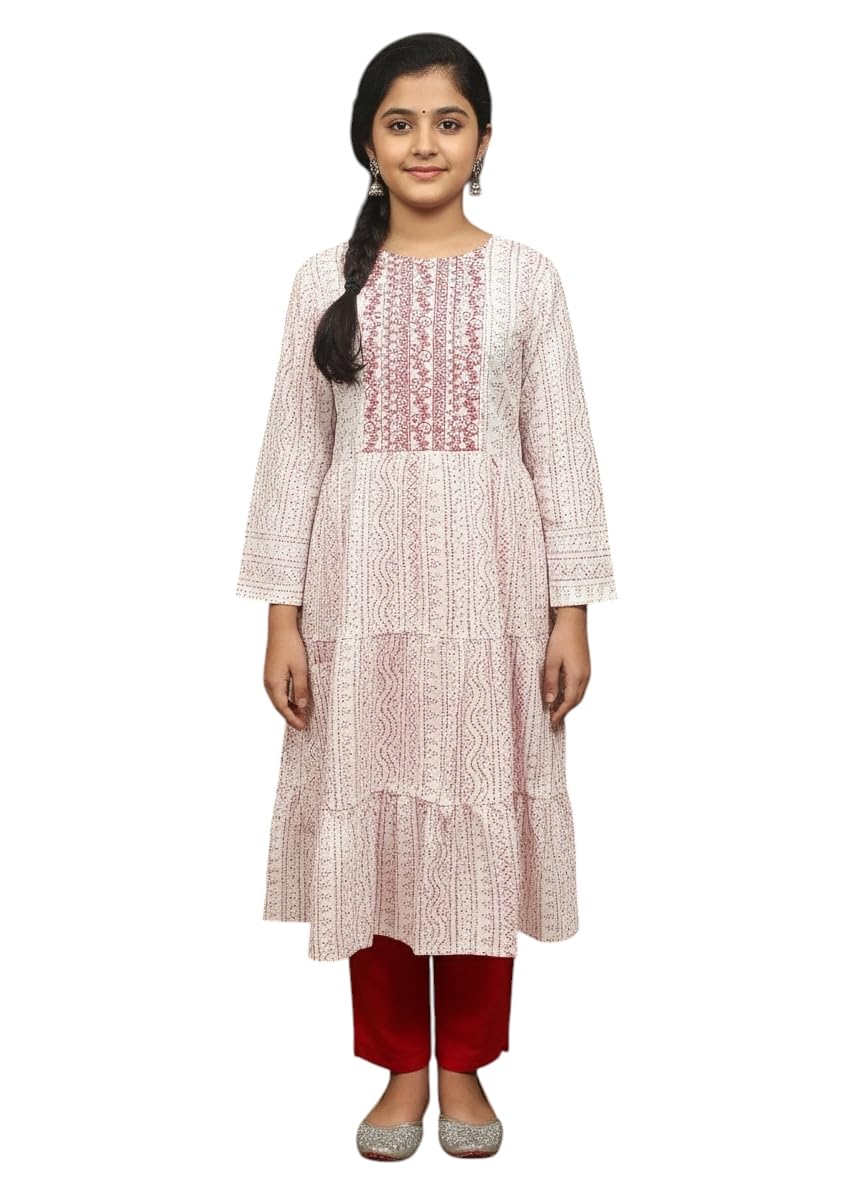 Aarika Girls Ethnic Wear White Colour Embroidery/Bandhani Cotton Blend Kurti-(8-15 Years)-(Kurti-K-601-White-32)