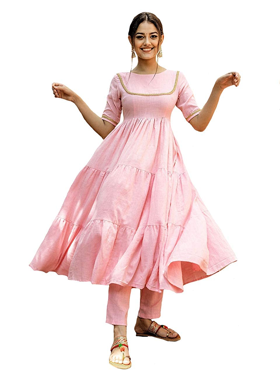 Anni Designer WomenS Cotton Anarkali Solid Kurta With Pant (Gulabo-Pink_L_Supr,Pink,L)
