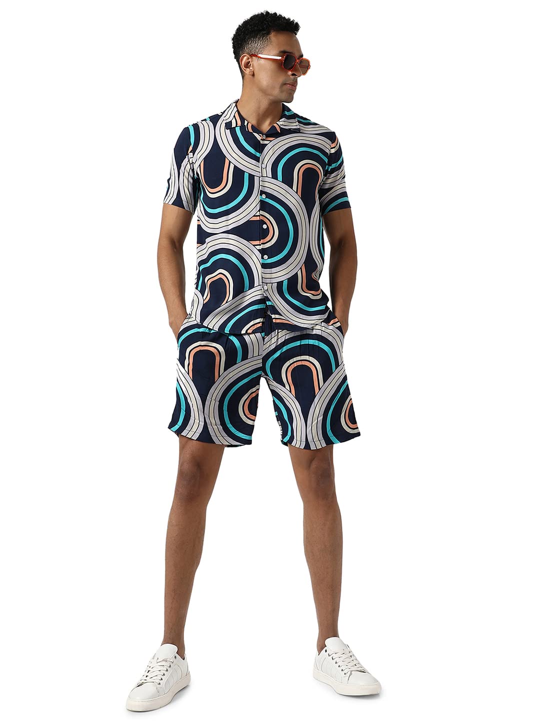 Campus Sutra Mens Navy Blue Printed Regular Fit Co-Ords Set For Casual Wear | Cotton Blend Fabric | Stretchable | Clothing Set