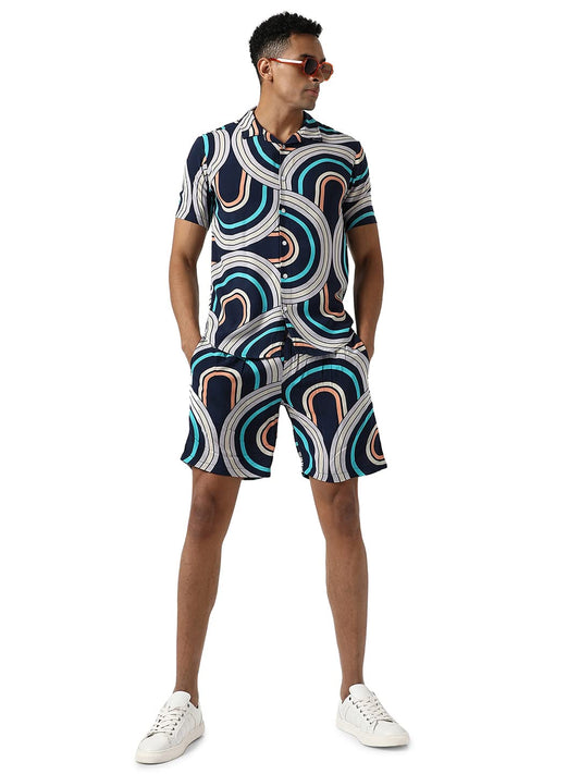 Campus Sutra Mens Navy Blue Printed Regular Fit Co-Ords Set For Casual Wear | Cotton Blend Fabric | Stretchable | Clothing Set