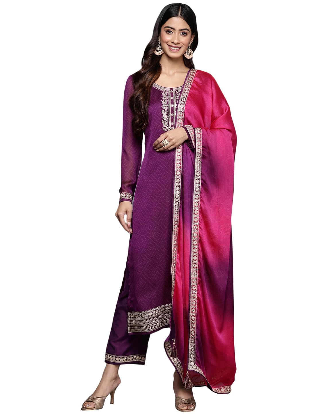 Libas Womens Printed Chiffon Straight Kurta With Trousers And Dupatta