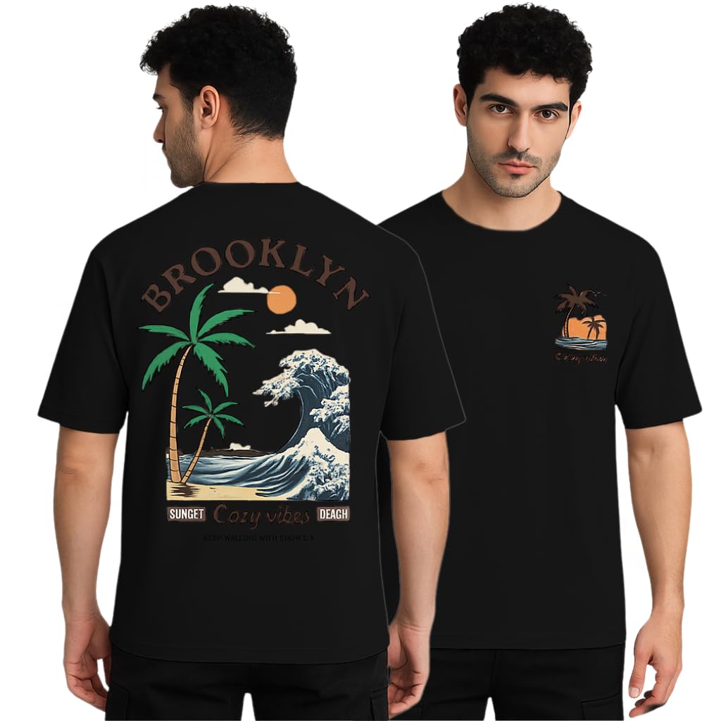 SMOWKLY Authentics Mens Cotton Blend Brooklyn Beach Graphic Printed T Shirt || Crew Neck Pullover Tee || Casual Baggy Fit Urban