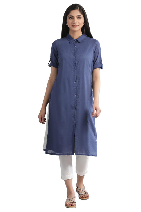 Aurelia Women's Cotton Blend Navy Collar Neck Dress Knee-Length & Gillet