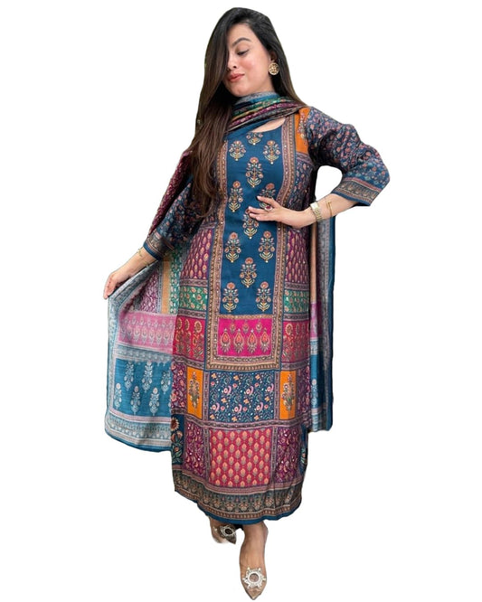 Gosriki WomenS Silk Blend Printed Straight Kurta With Pant & Dupatta (Sula Multi-Gs_4Xl_Multicolor_Xxxx-Large)