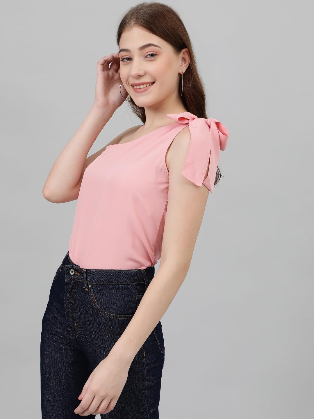 Kotty WomenS Casual One Shoulder Sleeves Solid Pink Top