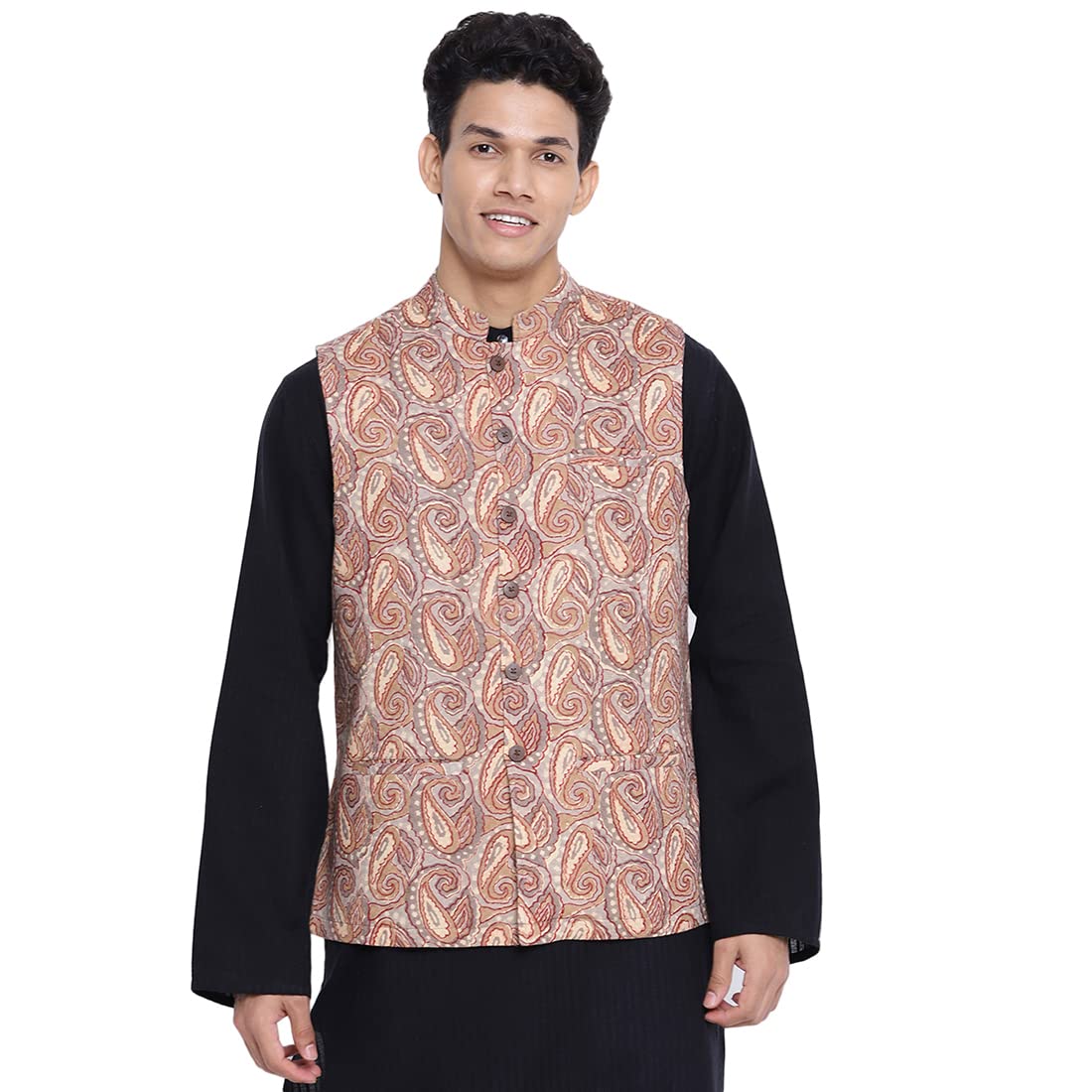 Fabindia Men Cotton Printed Nehru Jacket Beige_XS