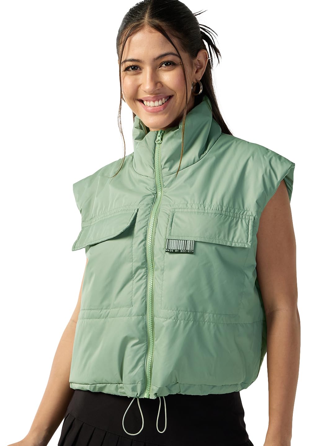 Bewakoof Womens Solid Oversized Fit Gilet Sleeveless High Neck Nylon Jacket_640989_Green_L
