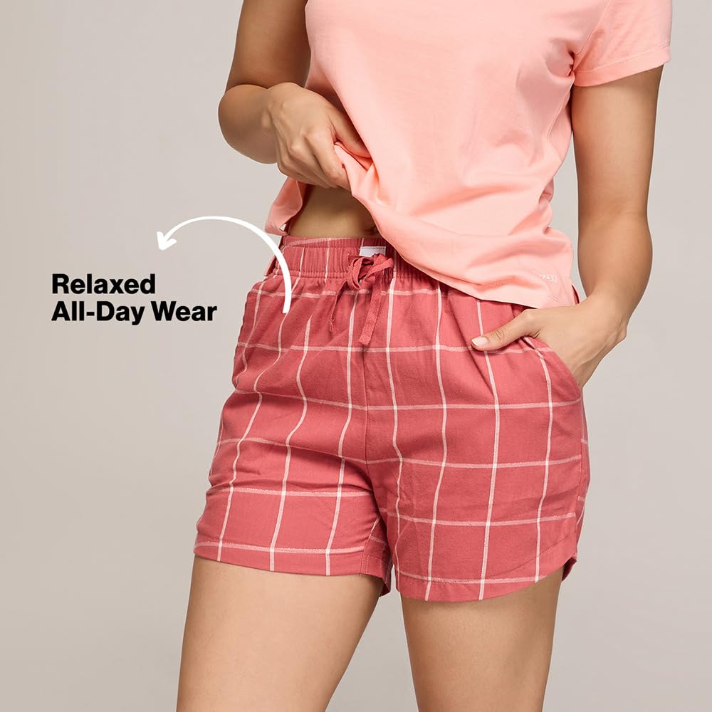 NYKD (NYS914 Checked Pure Cotton Shorts for Women | Relaxed Fit with Non Slip Elasticated Waistband, Adjustable Drawcord & 2 Sid