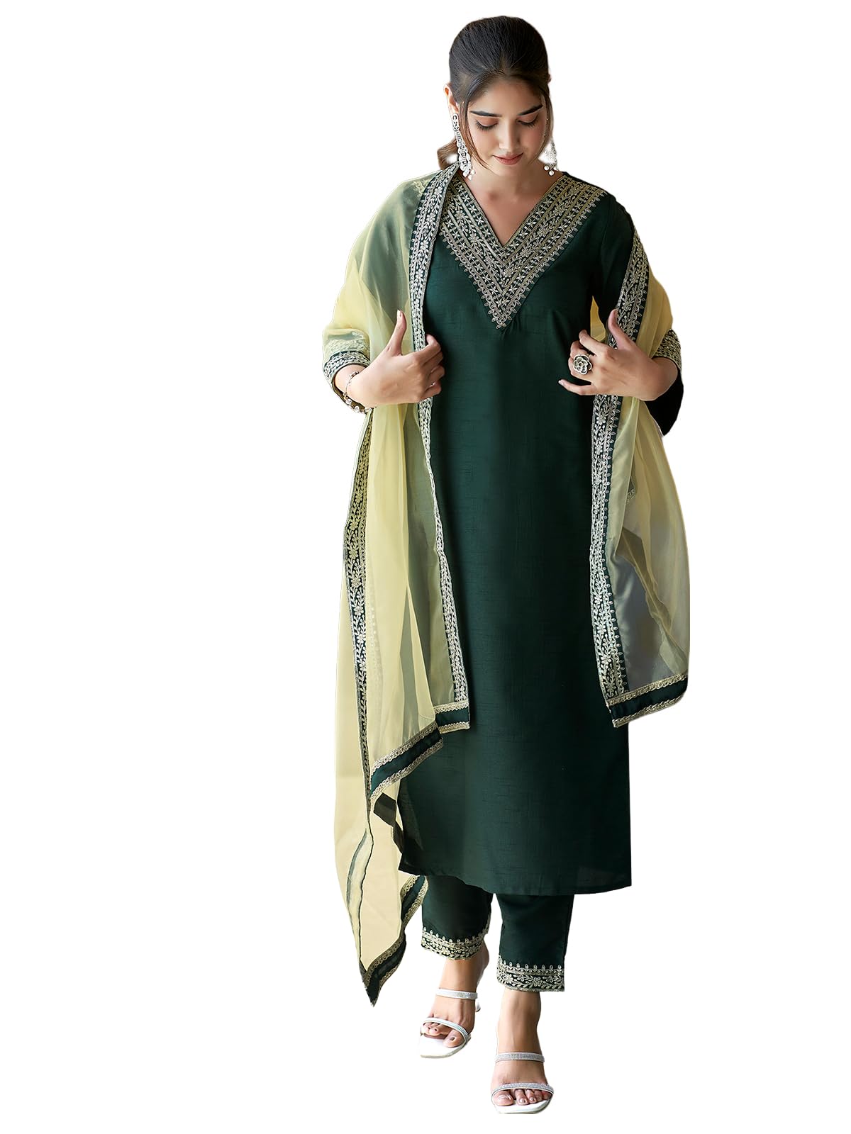 Sanisa WomenS Silk Sequence Embroidery Work Straight Kurta With Pant And Dupatta | Ethnic Set | Suit Set | Kurta Set(104Kbd1136