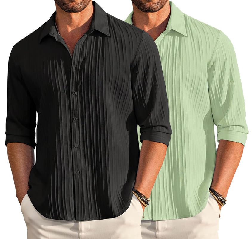 Deelmo Combo Of MenS Casual Button Down Shirts Long Sleeve Linen Shirt Fashion Textured Summer Shirts Pack Of 2