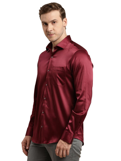 Turtle Men Poly Satin Maroon Solid Slim Fit Full Sleeve Ceremonial Shirt