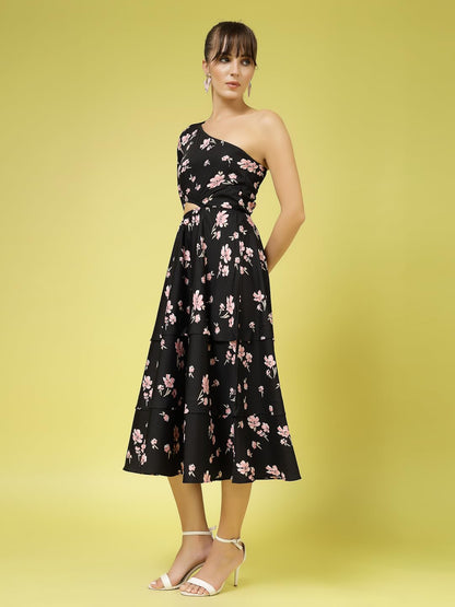 Oomph! WomenS Western & Fusion Wear Printed Crepe Dress For Women, One Shoulder, Black - Md1074