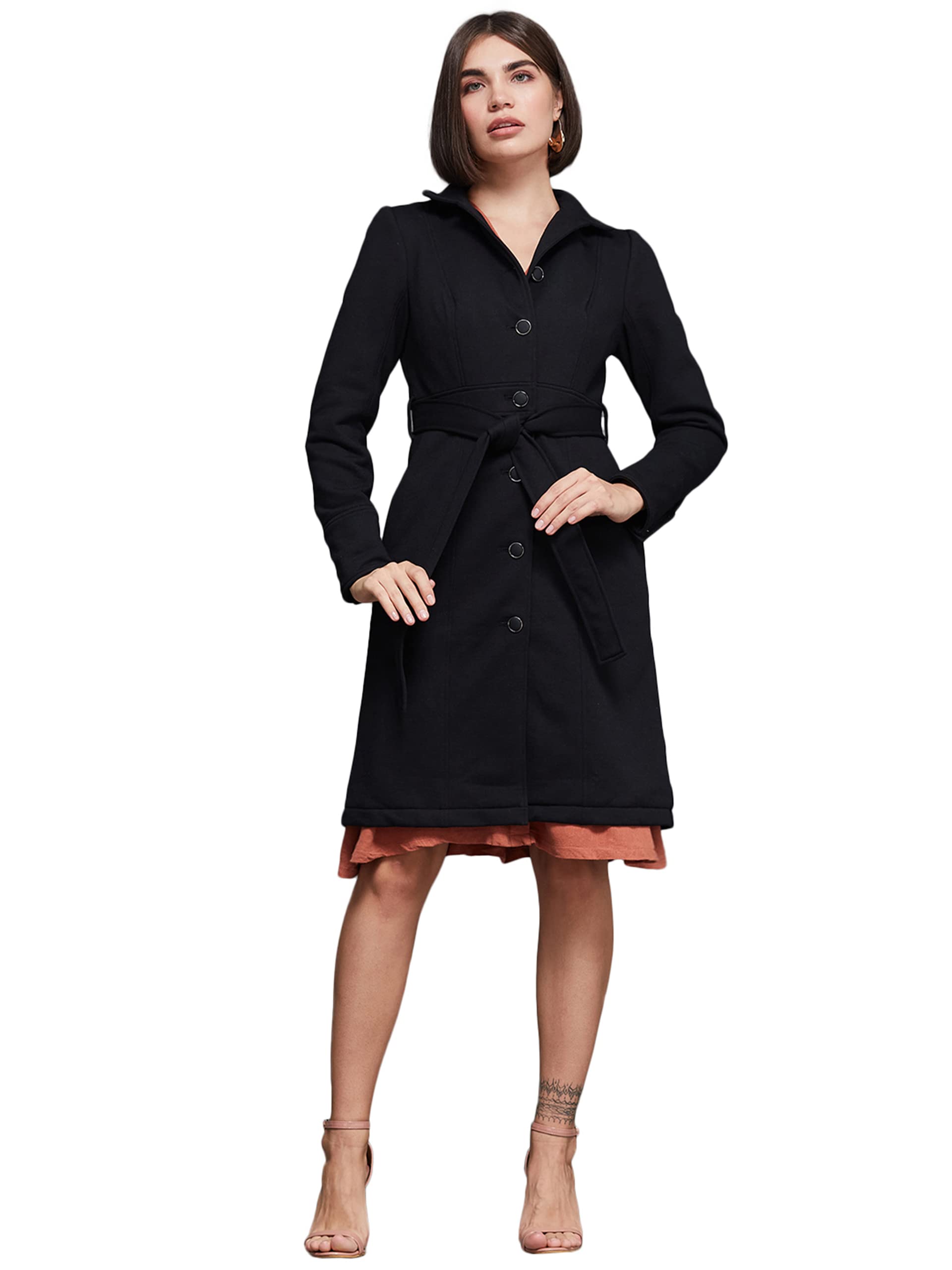 Miss Chase WomenS Black Collared Full Sleeve Solid Longline Jacket (Mcaw21Jkt03-40-62-06, Black, Xl)