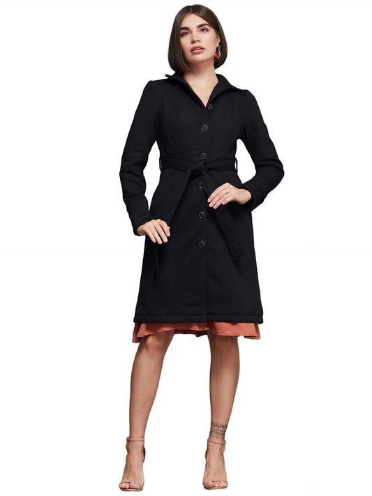 Miss Chase WomenS Black Collared Full Sleeve Solid Longline Jacket (Mcaw21Jkt03-40-62-06, Black, Xl)