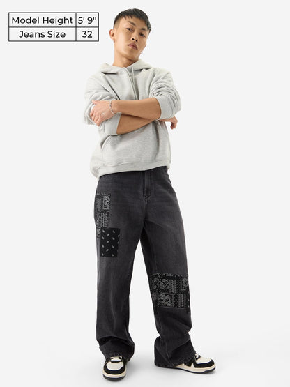 The Souled Store Denims: Bandana Patches Men and Boys Grey Straight Fit Cotton Jeans Casual Style Full-Length Comfortable Trouse