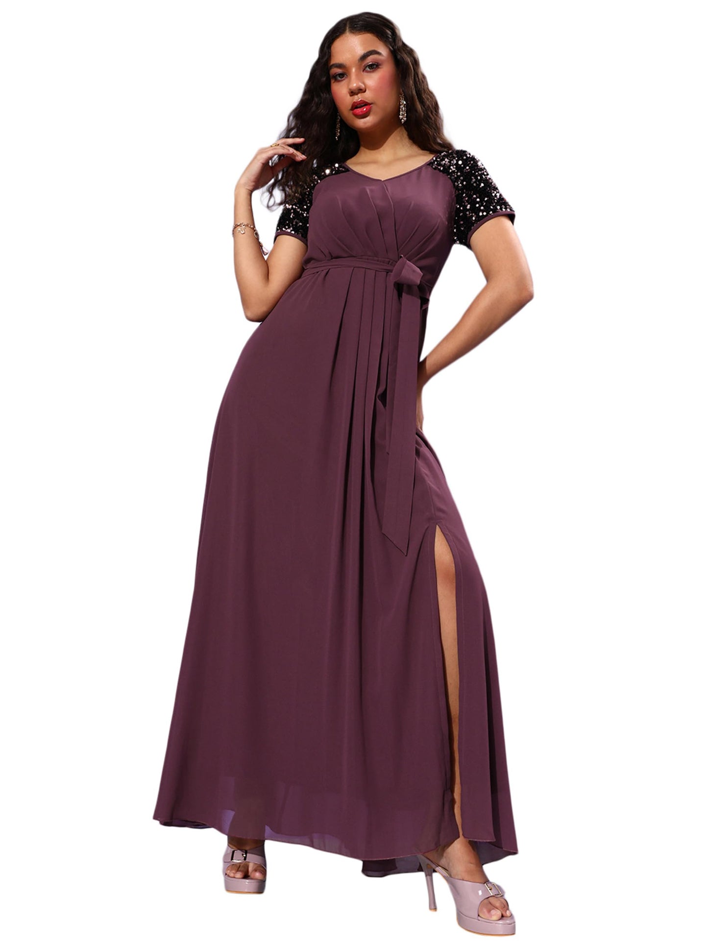 Miss Chase WomenS Relaxed Fit V-Neck Half Sleeve Maxi Georgette Dress (Mcaw22D99-80-271-06, Mauve, Xl)