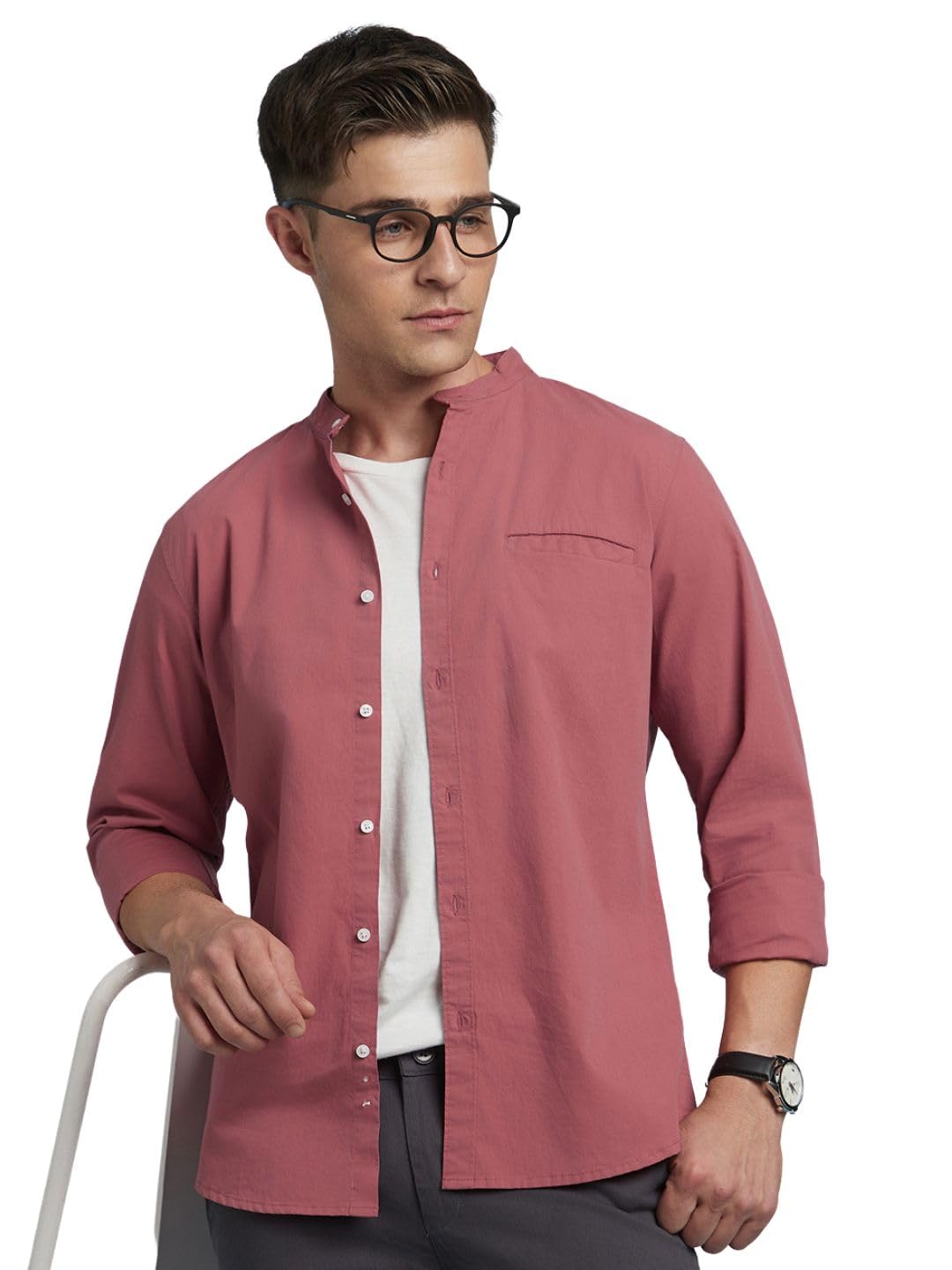 Dennis Lingo Men Solid Mandarin Collar Full Sleeves Regular Fit Casual Shirt Dusty-Pink