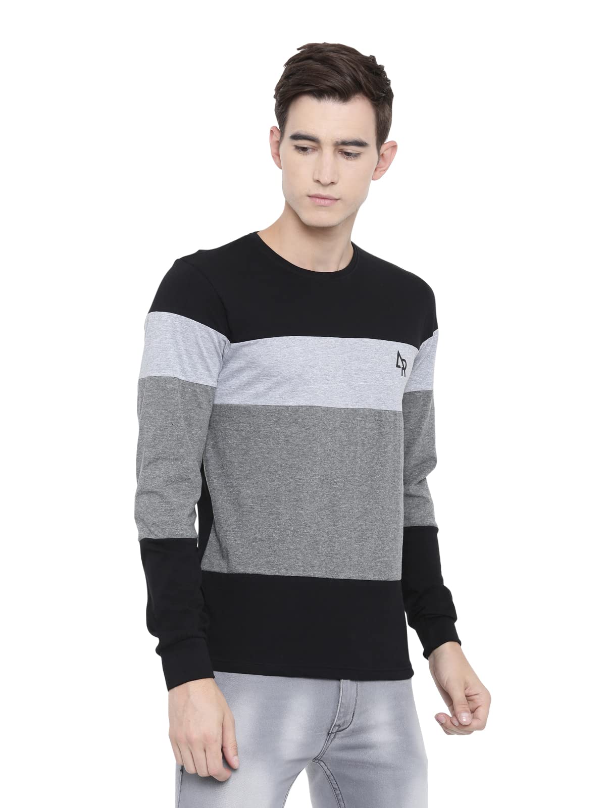 ADRO Men's Full Sleeve Cotton Color Block T-Shirts (FR4-4-BST-BL_Black)