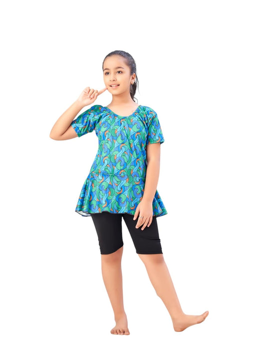 Aarika Girls Sports Wear Green-Black Colour Abstract Print Nylon Swim Suit (5-15 Years)-(SW-SHM-CA-1117)